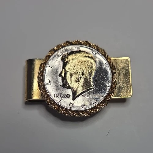1964 Kennedy Half Dollar 90% Silver Coin Money Clip Gold Plated ungraded
