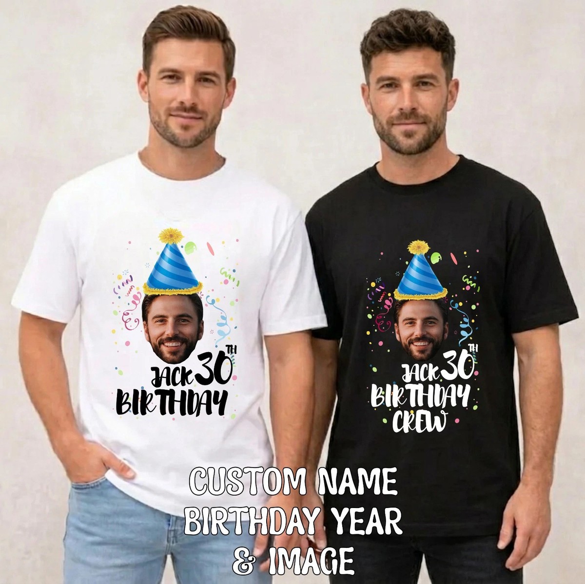 Personalise Birthday Crew T-Shirt Custom Photo Name Age Matching Group Party Top