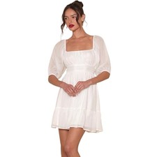 Lulus Ethereal Arrival White Puff Sleeve Tie-Back Chiffon Mini Dress size XL
