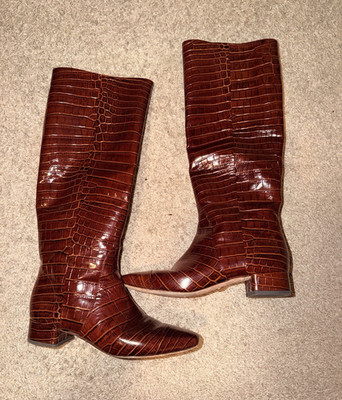 Veronica Beard Riding Boots Brown Croc-Embossed Leather Knee-High Zip Size 7