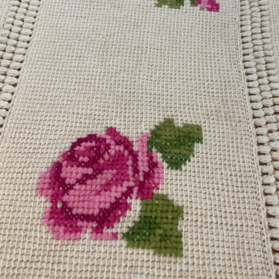 Cream Crochet Rose Floral Throw Blanket Fringe Boho Cottagecore Vintage Handmade - Image 2 of 4