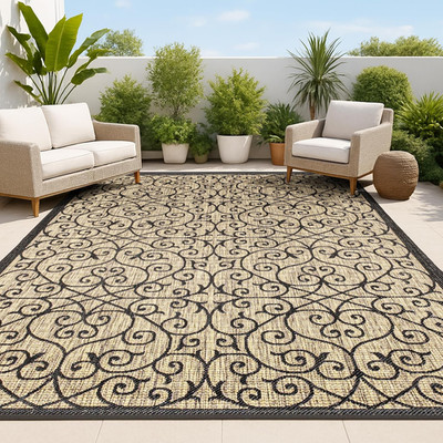 Vintage Filigree Indoor Outdoor Area Rug 8X10 Black/Khaki, Madrid Textured Weave