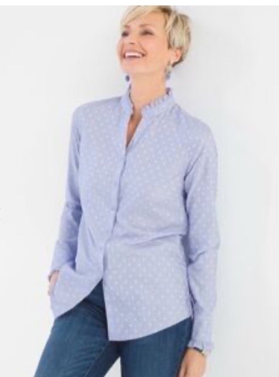 Chicos Women's 1 No Iron Blue Polka Dot Ruffle Trim Top Long Sleeve Blouse