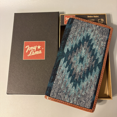 #ad NIB Tony Lama Rodeo Wallet Blue Aztec Genuine Leather RFID Western Checkbook $19.77