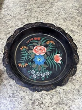 Vtg Japanese Black Lacquerware Serving Dish Floral Cover 10x1.5”