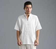 Men's Fashion Summer V Neck Short Sleeve Loose Cotton Linen T-shirt Casual Tee B