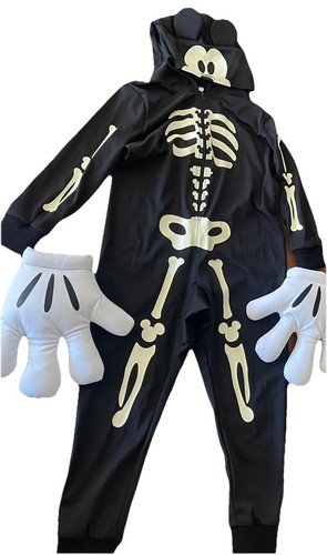 DISNEY Store Mickey Mouse Halloween Skeleton Costume GLOW IN THE DARK W/ Gloves