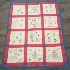 Vtg Handmade Hand Embroidered Baby Patchwork Quilt Red White Blue Animals