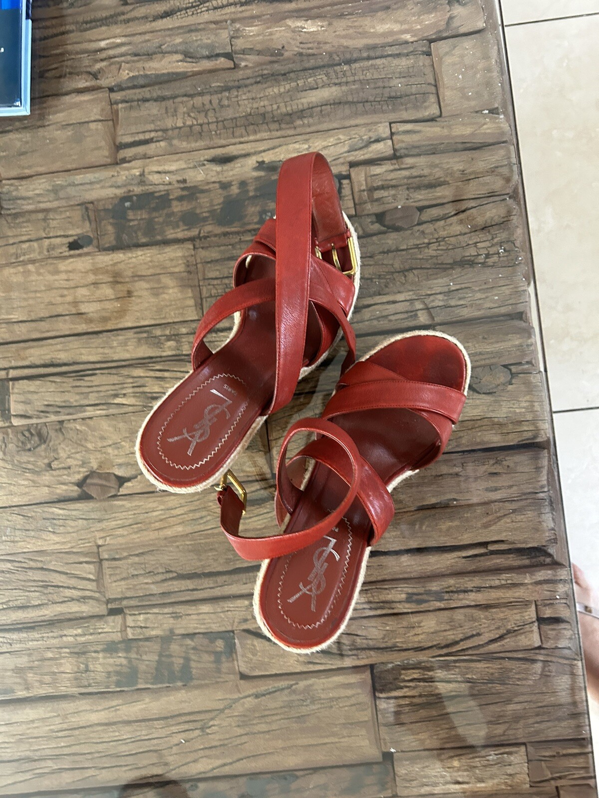 Sandali YSL Yvesv Saint Laurent Malo 90 Astrap suola zeppa rosso punta aperta taglia US 8