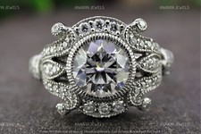 Art deco Engagement Ring 3.00 Ct Round Cut Moissanite Real 925 Sterling Silver