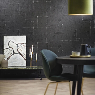 Charcoal black silver faux concrete textured modern artwork patchwork wallpaper