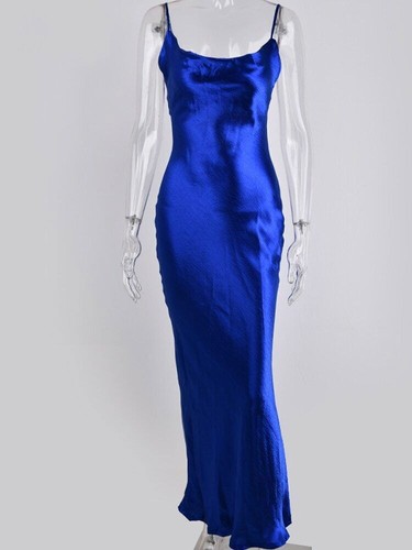 Sexy Träger Rückenfreies Sommerkleid Damen Satin Schnürung Langes Kleid Elegant - Bild 8 von 13
