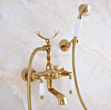 Gold Color Brass Wall Mount Clawfoot Bath Tub Faucet with Hand Shower Mixer Tap