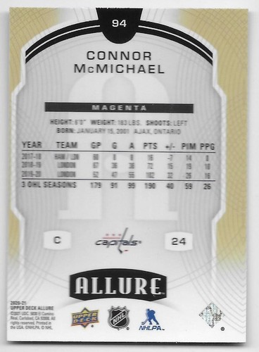 20/21 UPPER DECK ALLURE ROOKIES MAGENTA PARALLEL Connor McMichael #94 - Picture 2 of 2