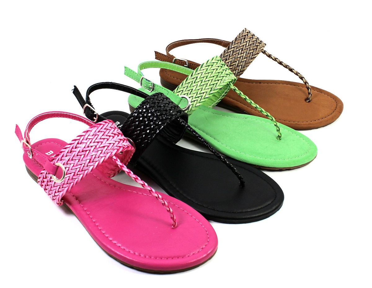 Bamboo Woven Thong Slingback Sandals Buckle Closure Faux Leather