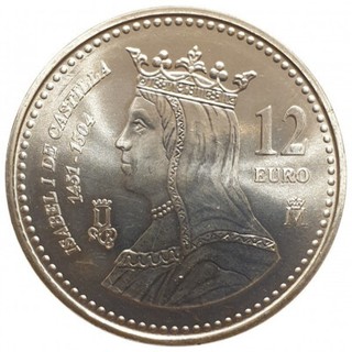 Moneda Plata 12 € Rey Juan Carlos I V centenario Isabel 1 de castilla