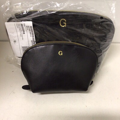 2 Pc Toiletry & Make Up Bag Black, Embossed w/Gold ''G''
