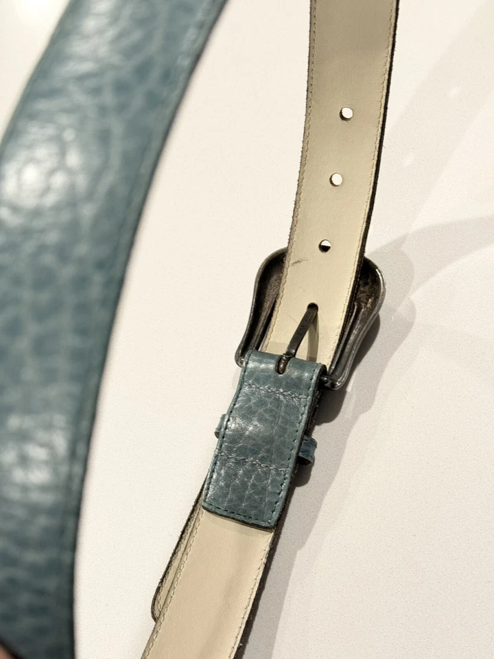 Cinturón vintage Carlos Falchi estilo artesanal llamativo hebilla plateada verde azulado talla M 30403 Foto 4 de 4