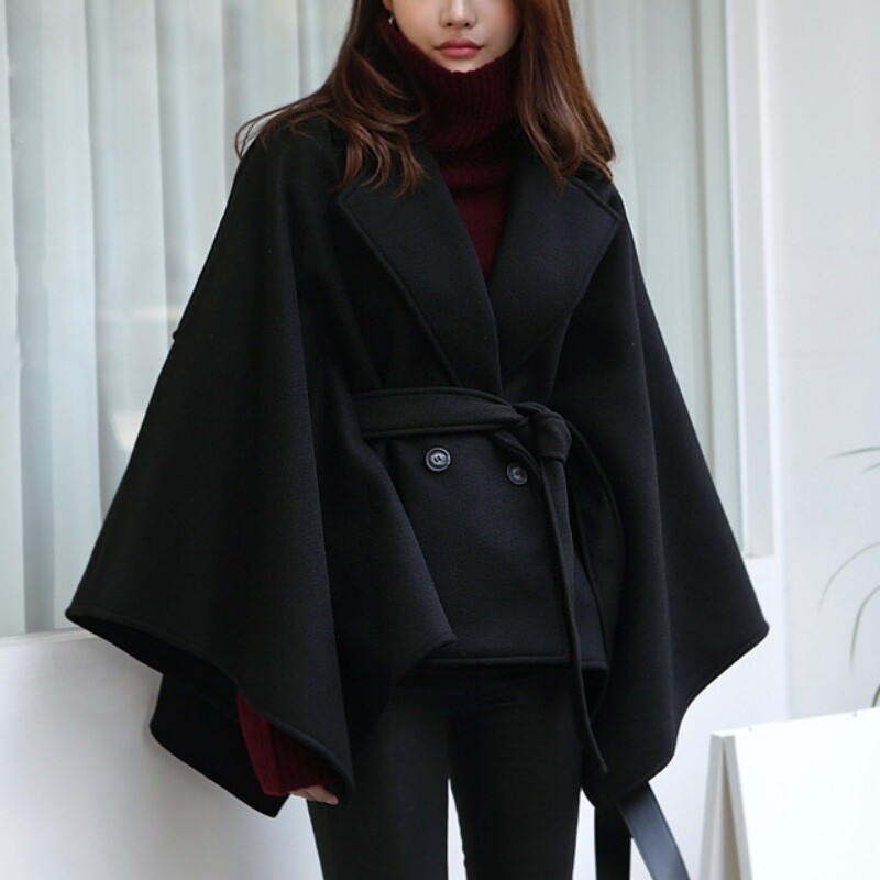 Women's Casual Elegant Lapel Collar Wool-Like Bow-Tie Poncho