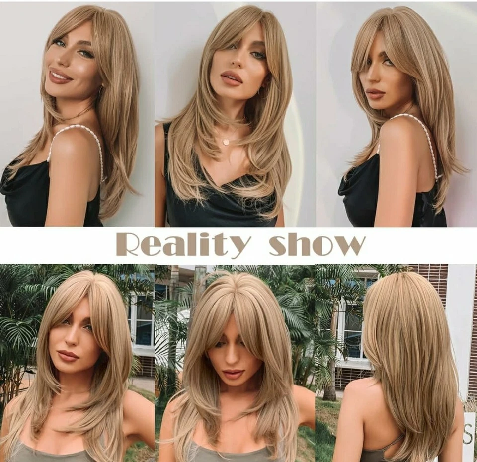 Long Strawberry Blonde Auburn Red Full Wig Human Hair blend layers bangs - Image 3 of 4