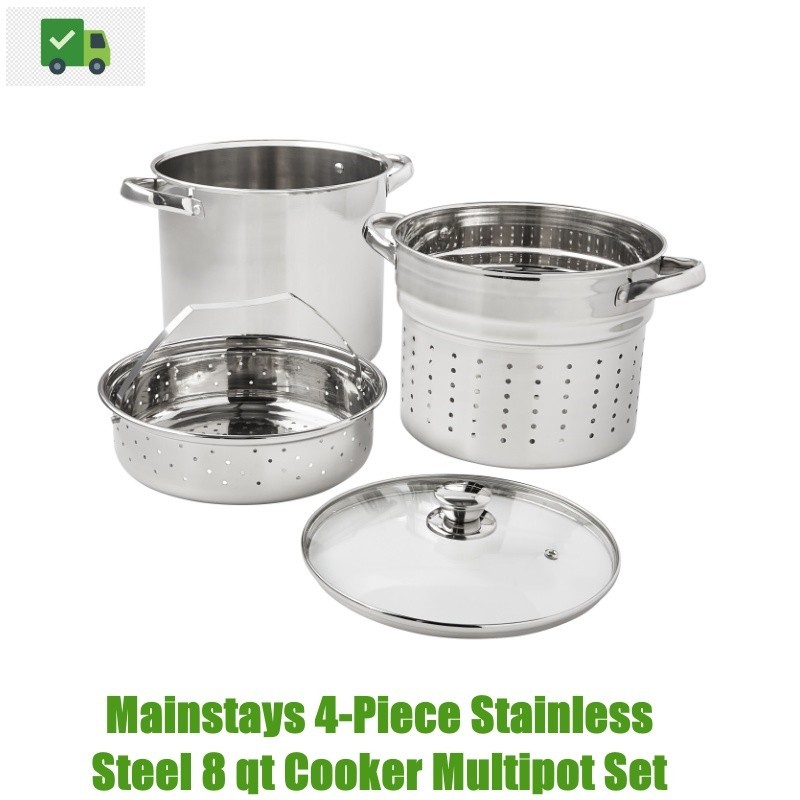 Mainstays 4-Piece 8 qt Stainless Steel Cooker Multipurpose Pot Set