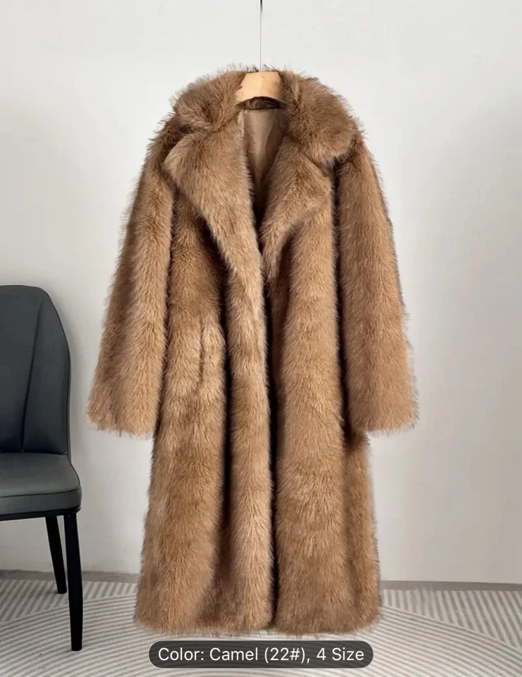 Abrigo largo de invierno de piel sintética para mujer con cuello, silueta en forma de H longitud completa Foto 3 de 4