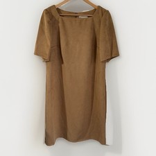 Nine West Women’s Faux Suede Midi Dress Tan Square Neck Short Sleeve Size 14
