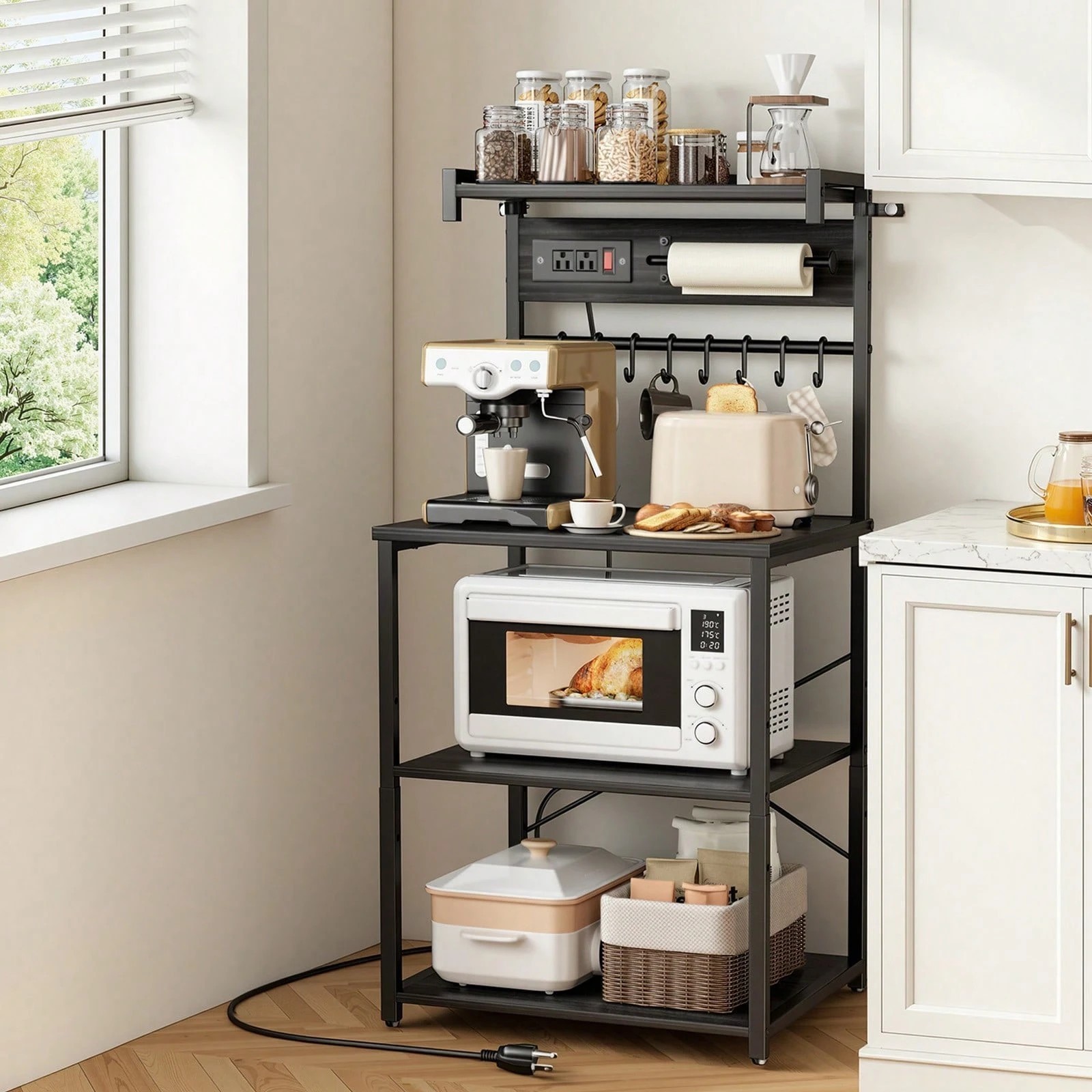4.6 Ft Kitchen Bakers Rack With Power Outlet 8 S-Shaped Hooks Industrial Storage
