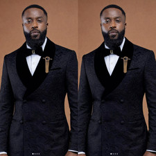Black Paisley Men's Suit Shawl Lapel Prom Jacket Pants Banquet Double Breasted