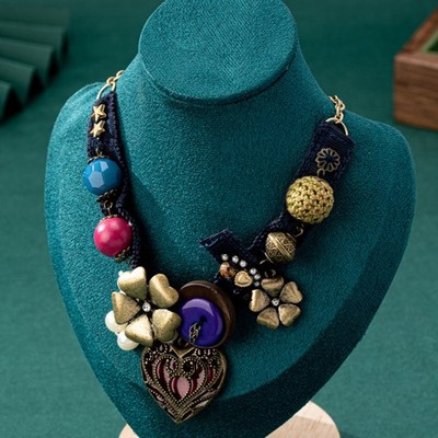 Vintage Boho Chunky Statement Necklace Multi Charm Heart Flower Bead Jewelry