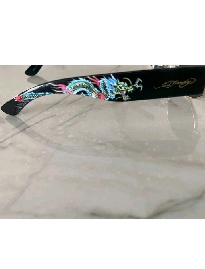 Nuevo ED HARDY Negro con Marco de Metal Dorado Azul Brillante Rojo Grn Dragon Ed-Anunciación Foto 4 de 4