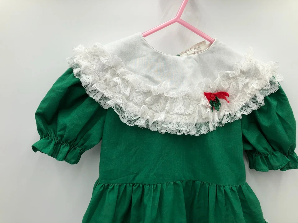 复古 Jill Lynn 学步女孩绿色荷叶边蕾丝圣诞连衣裙 4 码 — 第 3/4 张图片