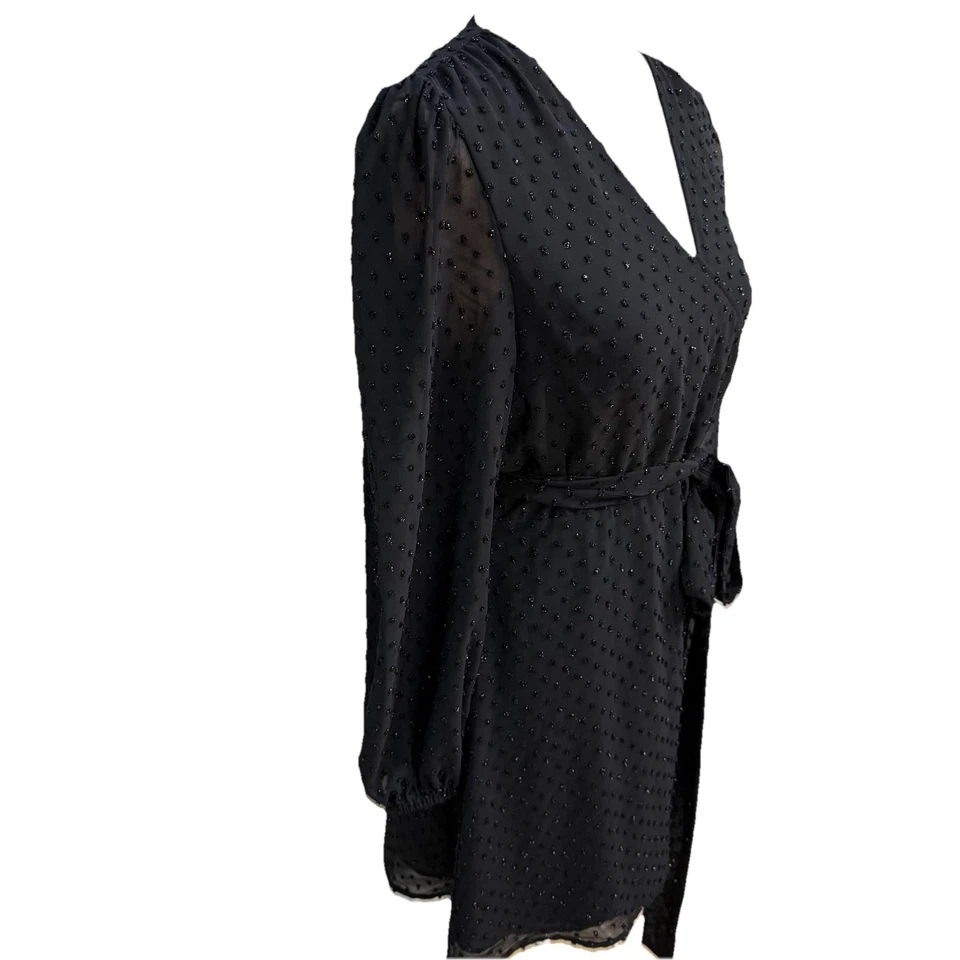 Michael Kors Swiss Dot Wrap Dress Black Sheer Long Sleeve Belted XL Elegant - Image 3 of 4