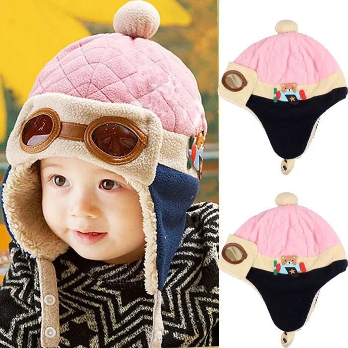 Sombrero para Bebé Niño Pequeño Piloto Gafas Aviador Polar Cálido Gorra Rosa 6 Meses - 3 Años