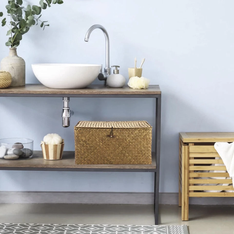 Cesto Portaoggetti in Vimini Intrecciato Con Coperchio, Rettangolare, per Bagno, - Immagine 2 di 4