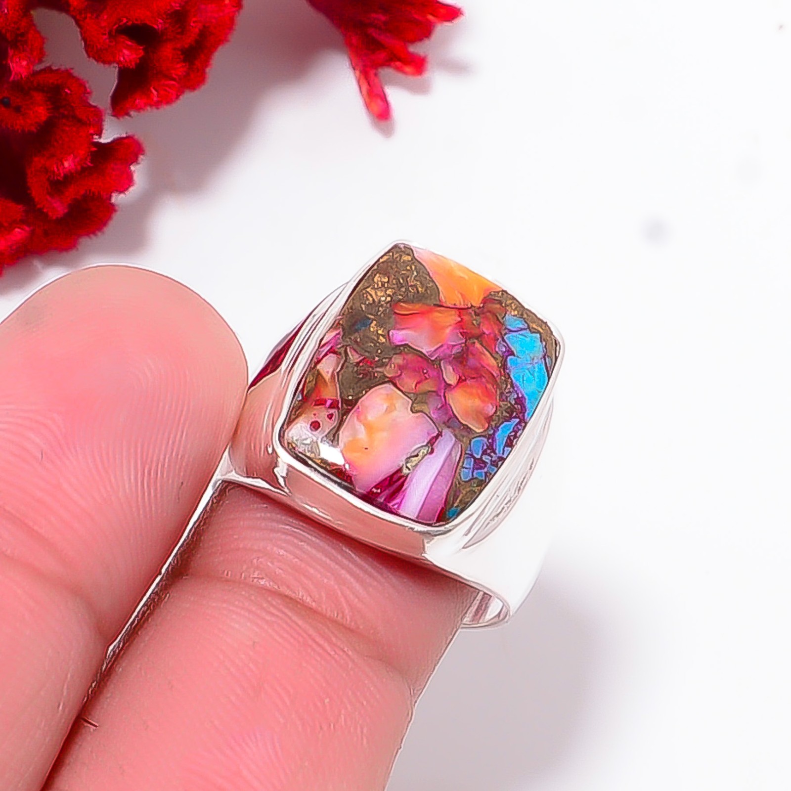 Copper Pink Dahlia Turquoise - Kingman Gemstone 925 Sterling Silver Ring S.8.5 0