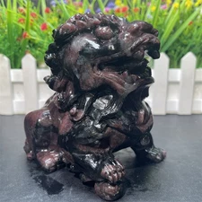2.5LB 4"Natural Garnet Kylin Statue Crystal Healing Reiki Carve Guardian Decor
