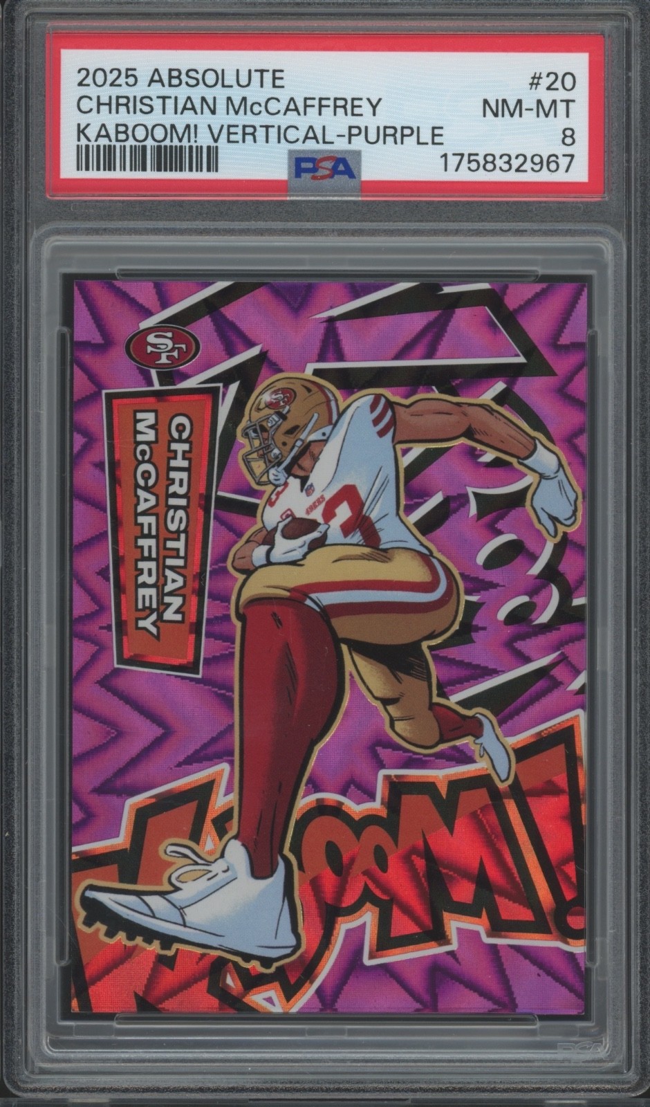 2025 Panini Absolute Kaboom! Purple #8 Christian McCaffrey SP Case Hit PSA 8