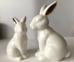 White Bunny Rabbits Figurines  9" & 7" w/Gold Trim Ears Easter Spring Set of 2