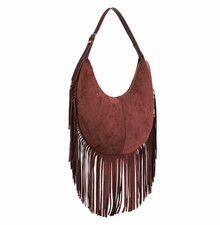 Women  s Brown Crescent Shoulder Bag, Fringe Western, Zip Closure, Adjustable