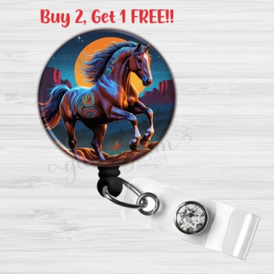 Western Horse Retractable Badge Holder, Cowboy and Horses Badge