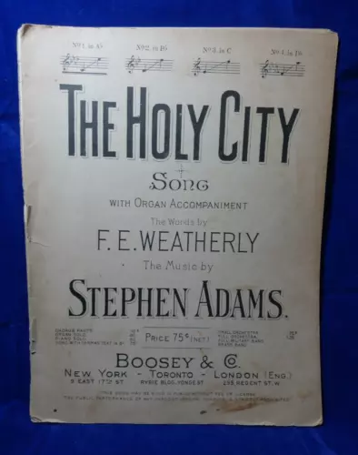 THE HOLY CITY Song with Organ Accompaniment Sheet Music Weatherly Adams