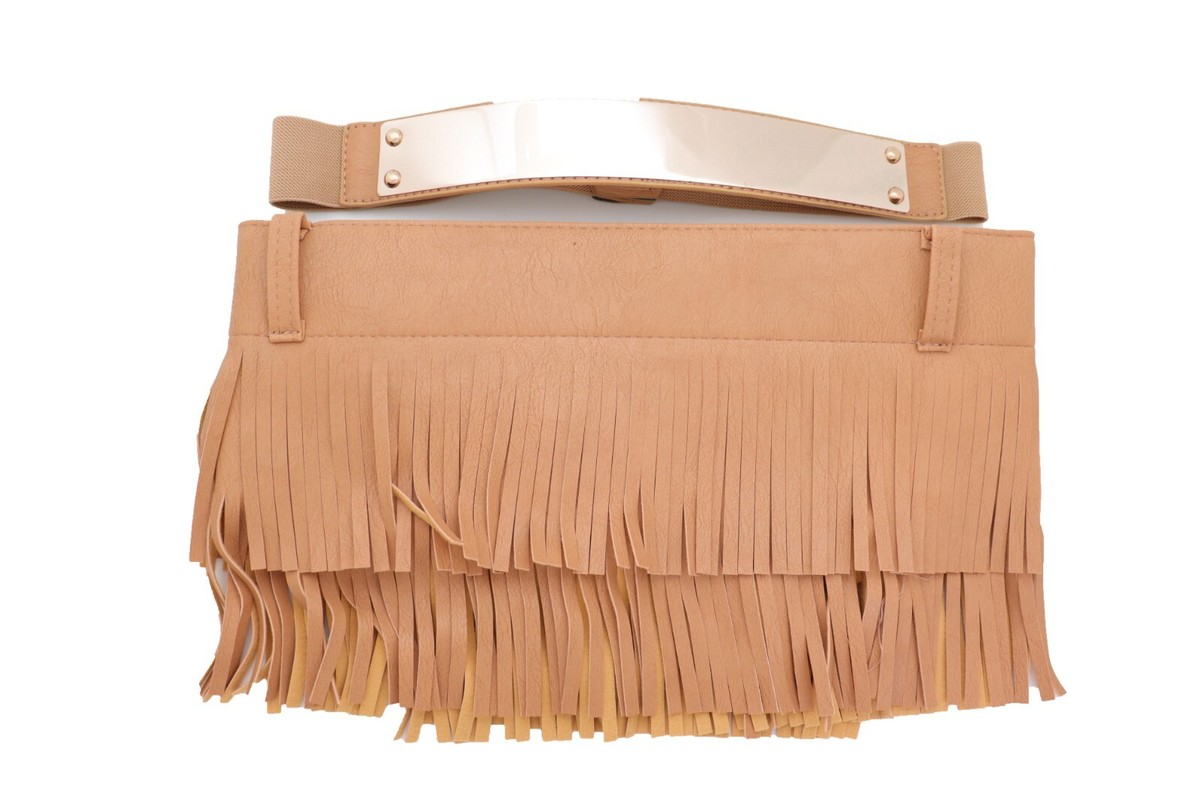 Women Beige Wide Waistband Wrap Around Skirt Tie Fringes 