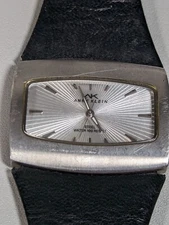 VTG Anne Klein Silver Tone Dial Rectangle Case Black Leather Band Watch