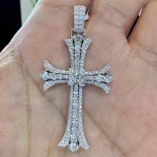 2Ct Round Cut Real Moissanite Cross Pendant 14K White Gold Plated Silver