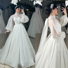 Organza Wedding Dresses Long Puffy Sleeves High Neck Sweep Train Bridal Gowns