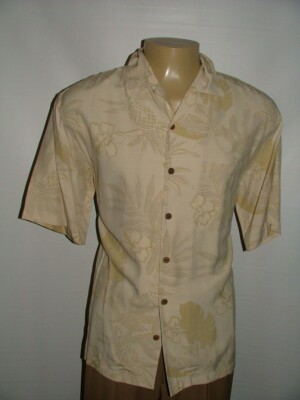 MENS TOMMY BAHAMA CASUAL SHIRT SIZE M 100% SILK BEIGE GREEN PINEAPPLE LEAFS #215