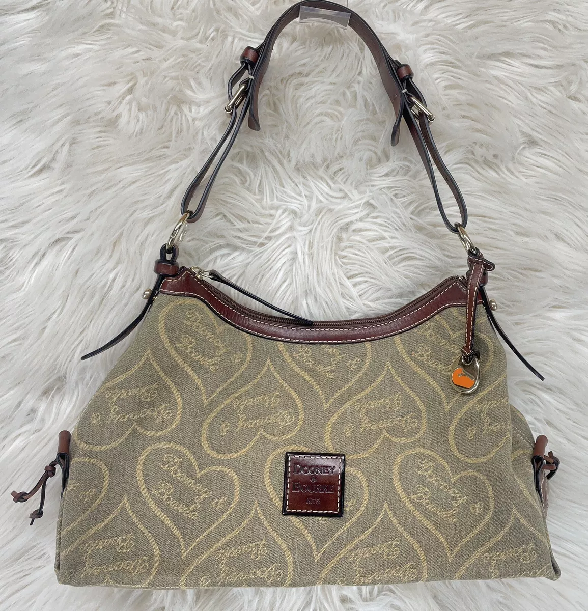 Vtg Dooney Bourke Denim Hearts Brown Signature Bag Purse Leather Strap