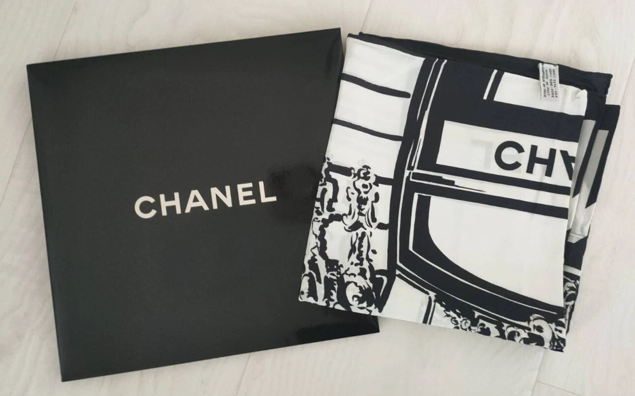 Chanel — CC Logo CHANEL Main Store motif black white Silk Scarf 33” x 33” W/box