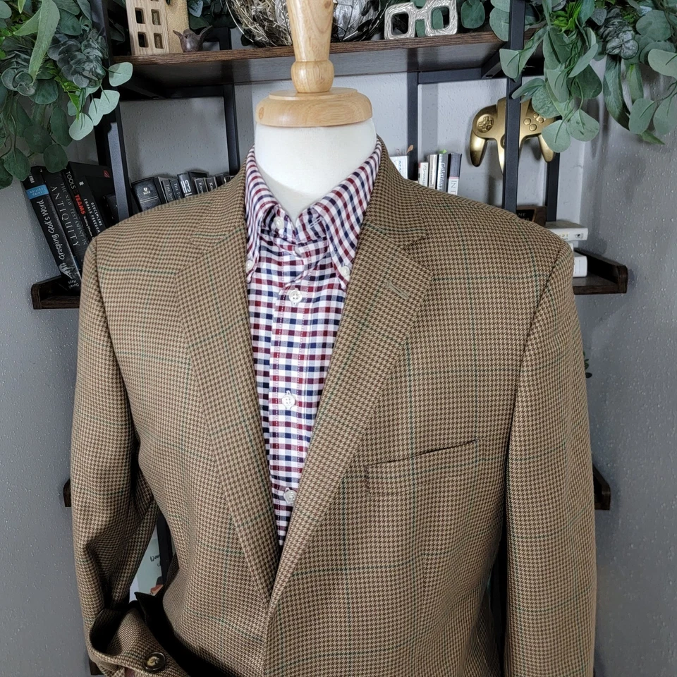 Casaco esportivo masculino Greg Norman para Tasso Elba dois botões marrom Houndstooth poli 42L - Imagem 4 de 4